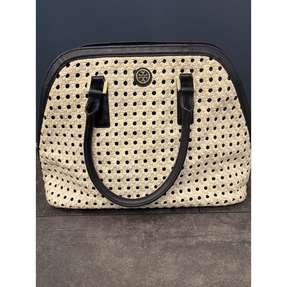 Tory Burch White/Blue Woven Leather Robinson Dome Satchel purse